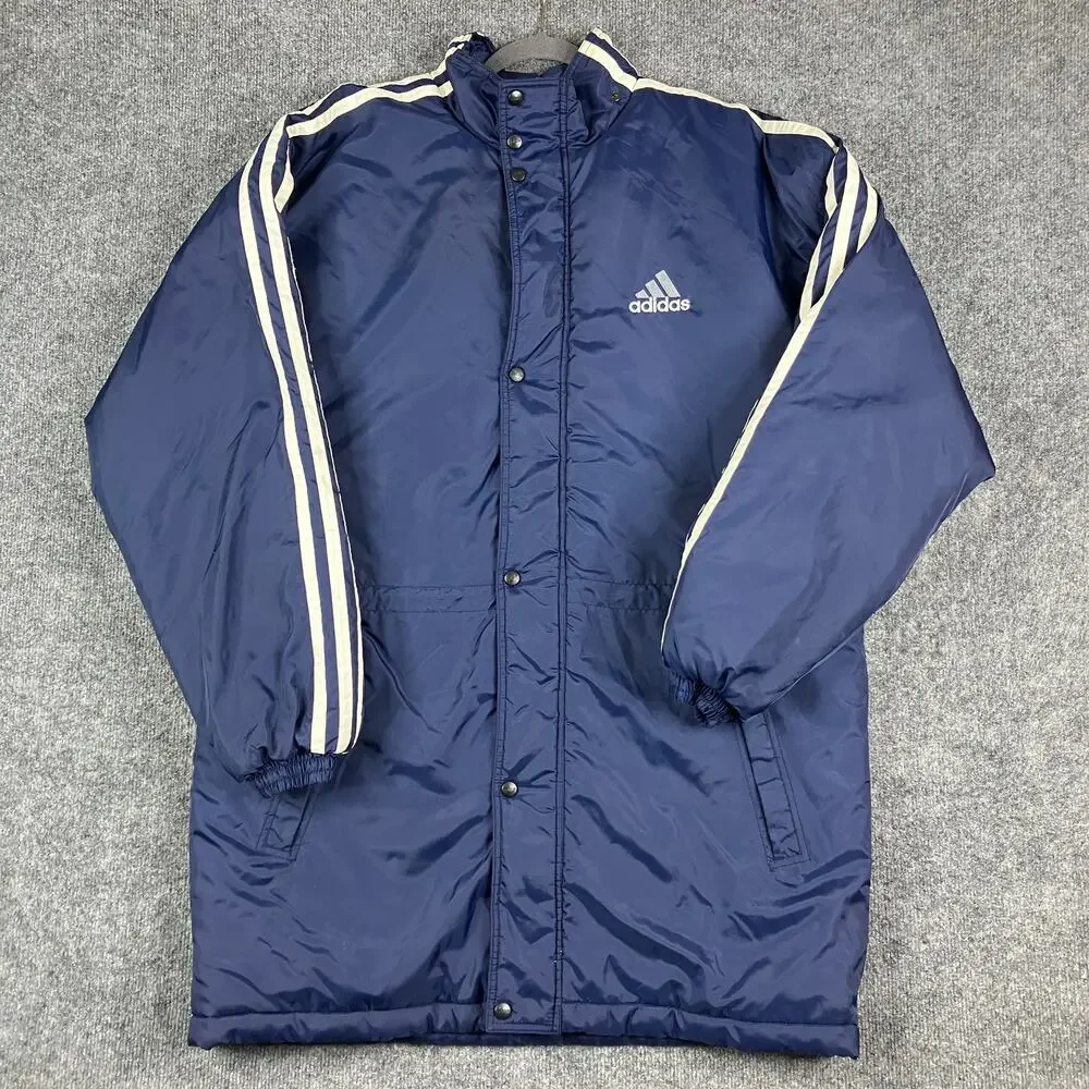 Adidas Jacket Mens Size Large Navy Blue Longline Puffer Coat Striped Sleeve